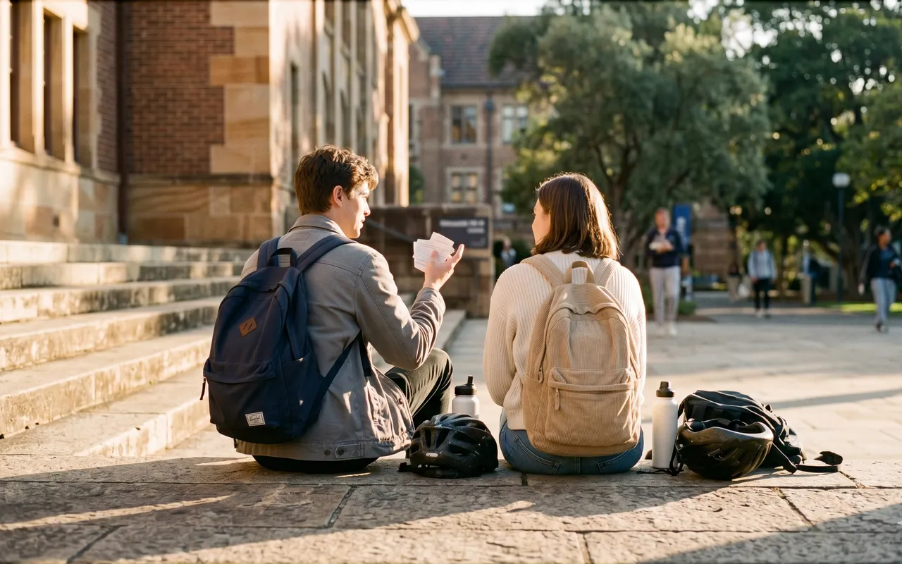 Zwei Studierende lernen mit Karteikarten auf dem Campus