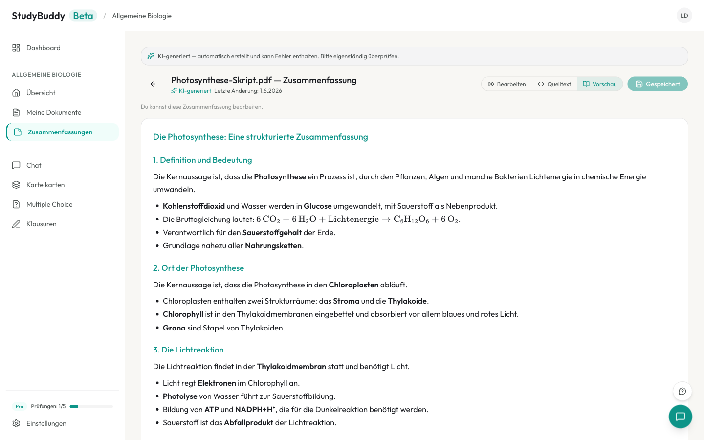 Aus einem hochgeladenen PDF generierte Zusammenfassung im Editor von StudyBuddy